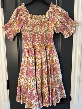 Floral Smocked Puff-Sleeve Midi Dress in Pink and Cream